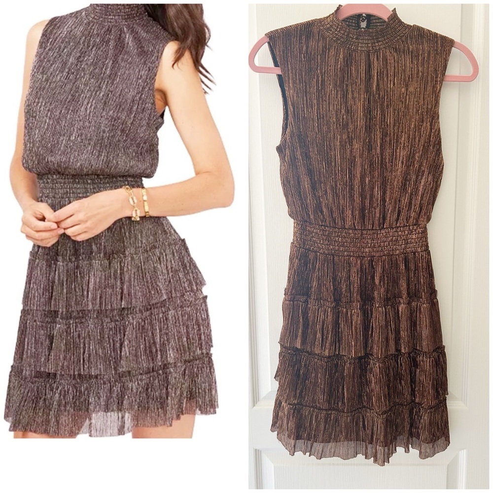 MSK copper metallic tiered high neck sleeveless dress